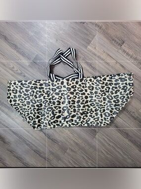 Leopard Print Tote with Black & White Striped Handles